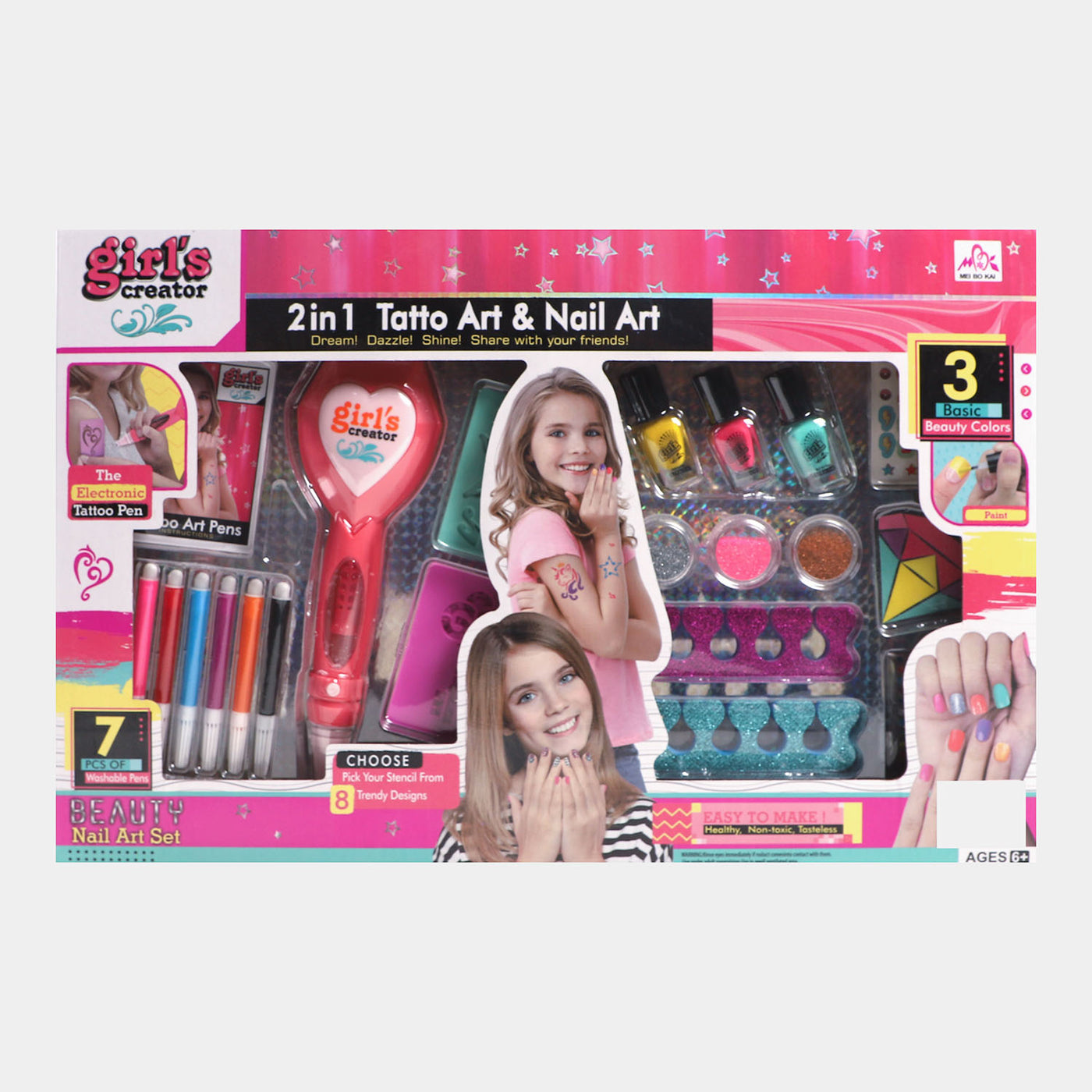 2 IN 1 Tattoo & Nail Art Play Set For Girls