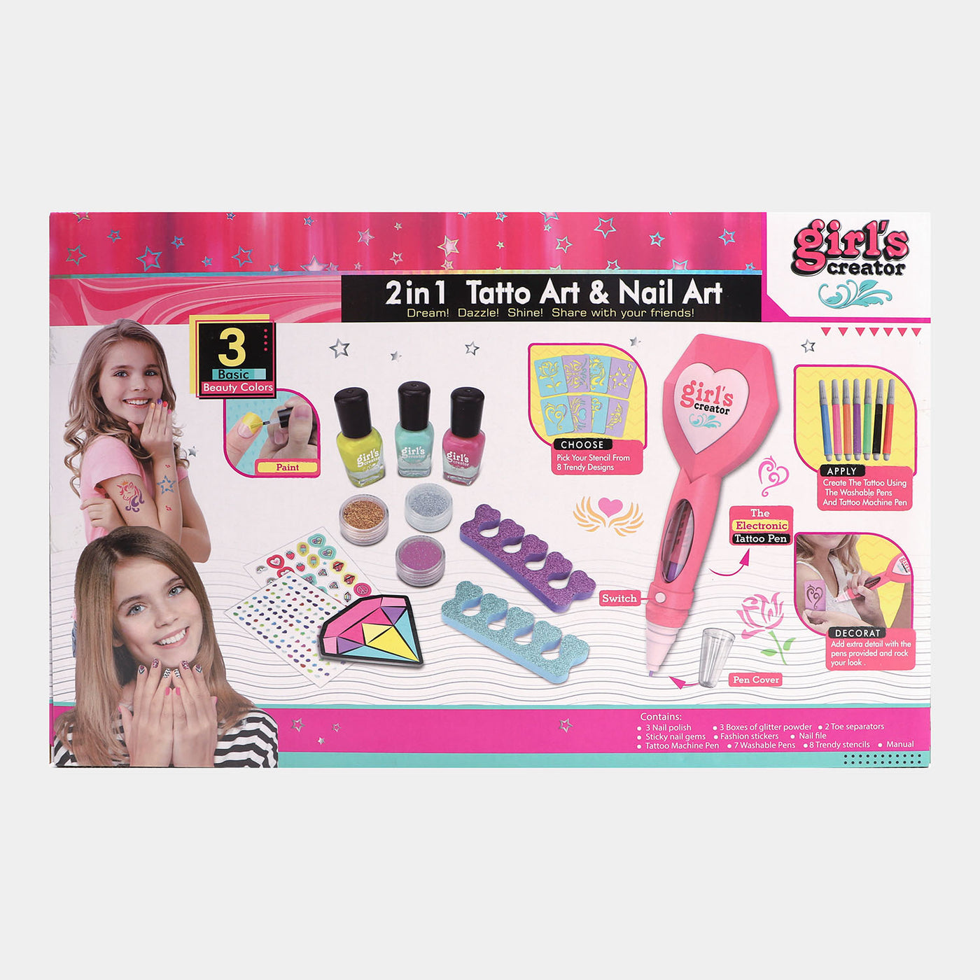 2 IN 1 Tattoo & Nail Art Play Set For Girls