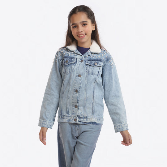 Girls Denim Jacket Pearls - LIGHT BLUE