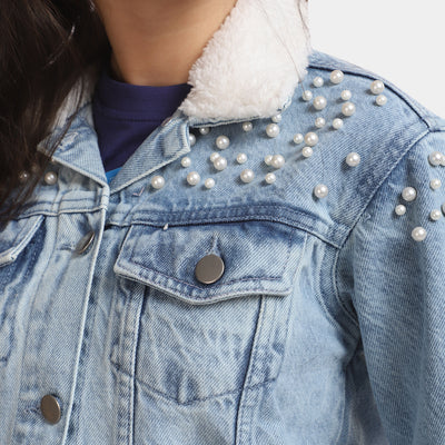 Girls Denim Jacket Pearls - LIGHT BLUE