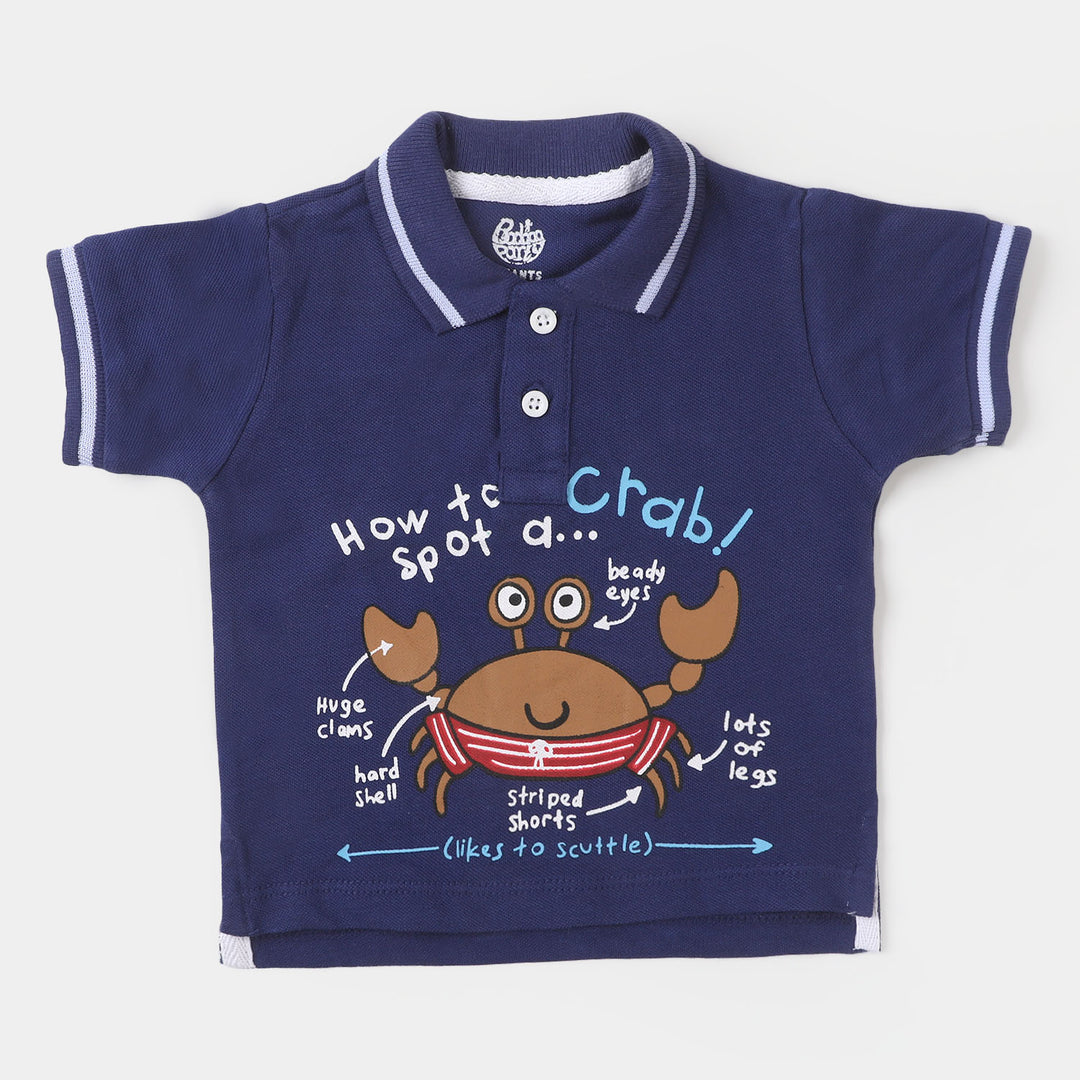 Infant Boys Cotton Polo T-shirt Crab - Navy Blue