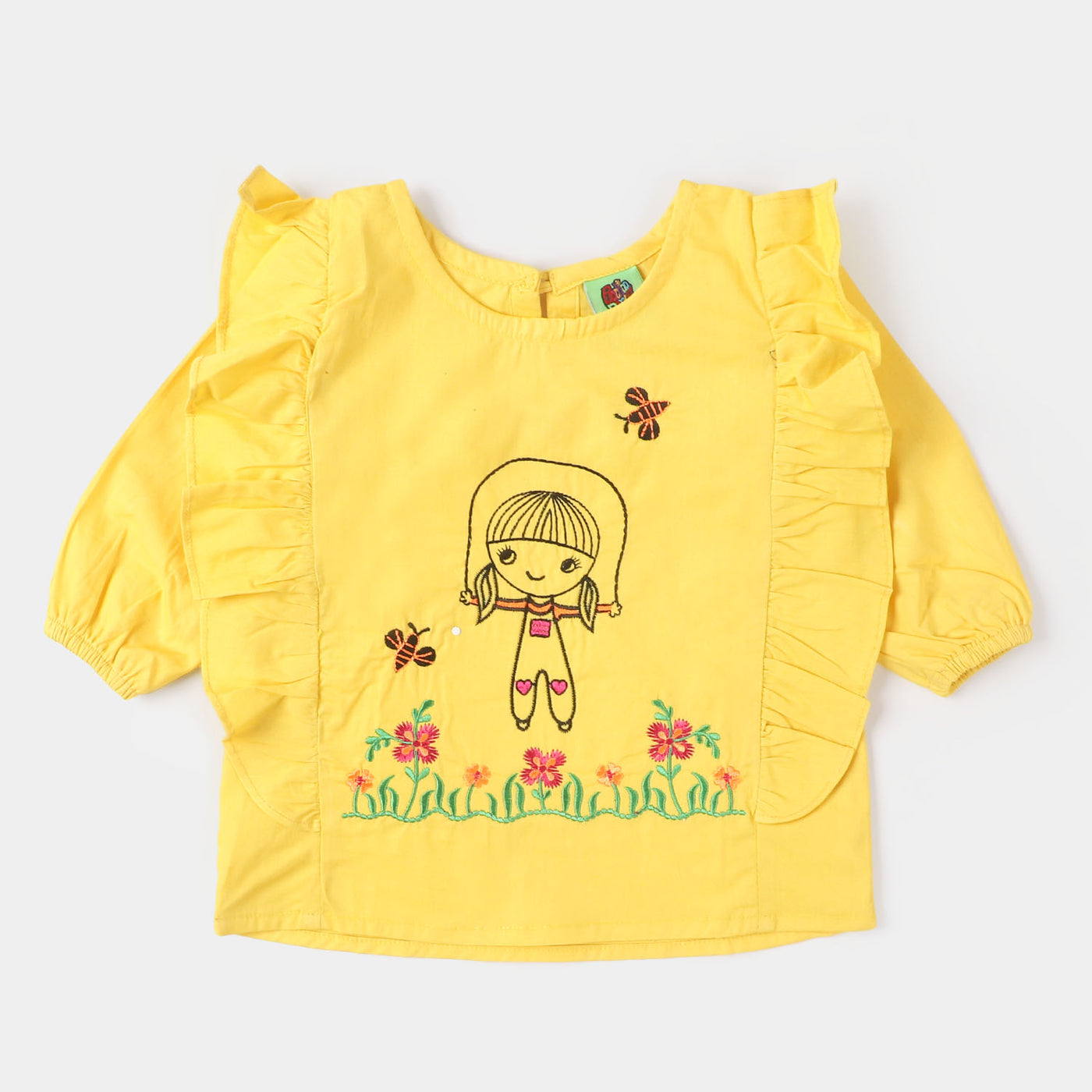 Infant Girls Cotton Embroidered Top Playing - Yellow