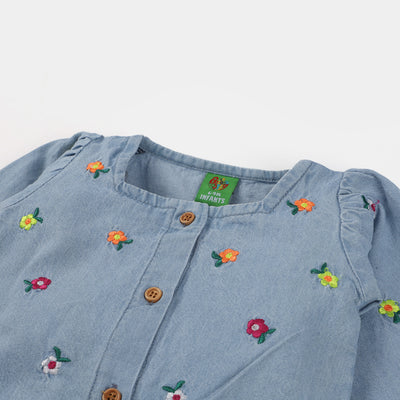 Infant Girls Denim Top AOP Flower EMB-LIGHT BLUE