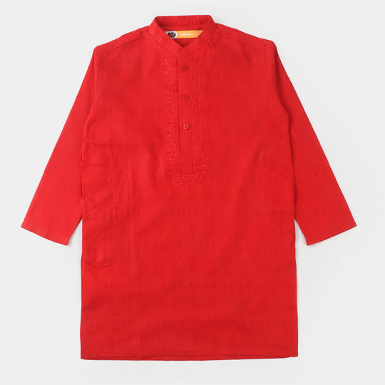 Boys Jacquard Embroidered Kurta - Red