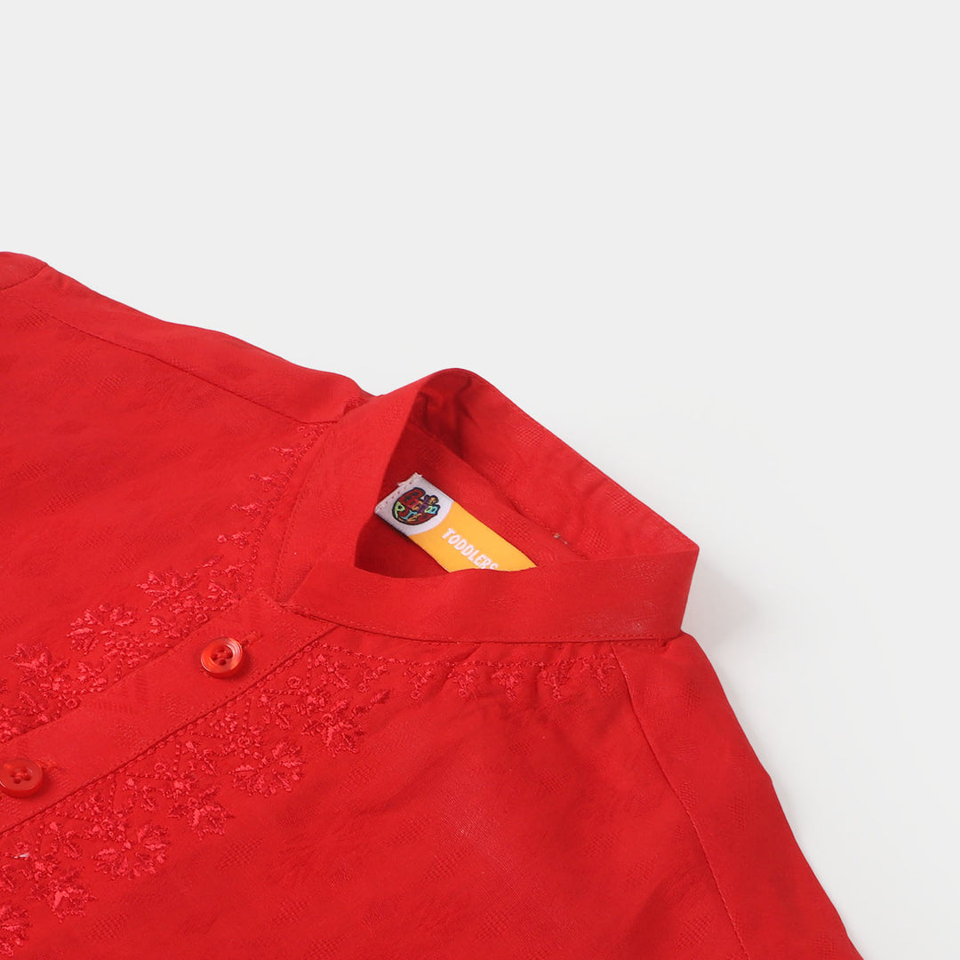 Boys Jacquard Embroidered Kurta - Red