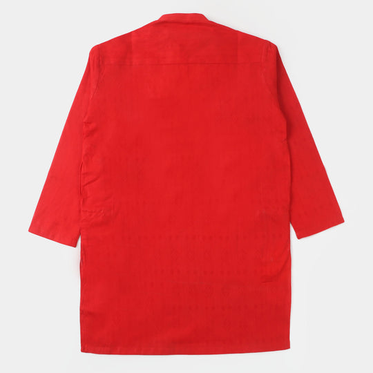 Boys Jacquard Embroidered Kurta - Red