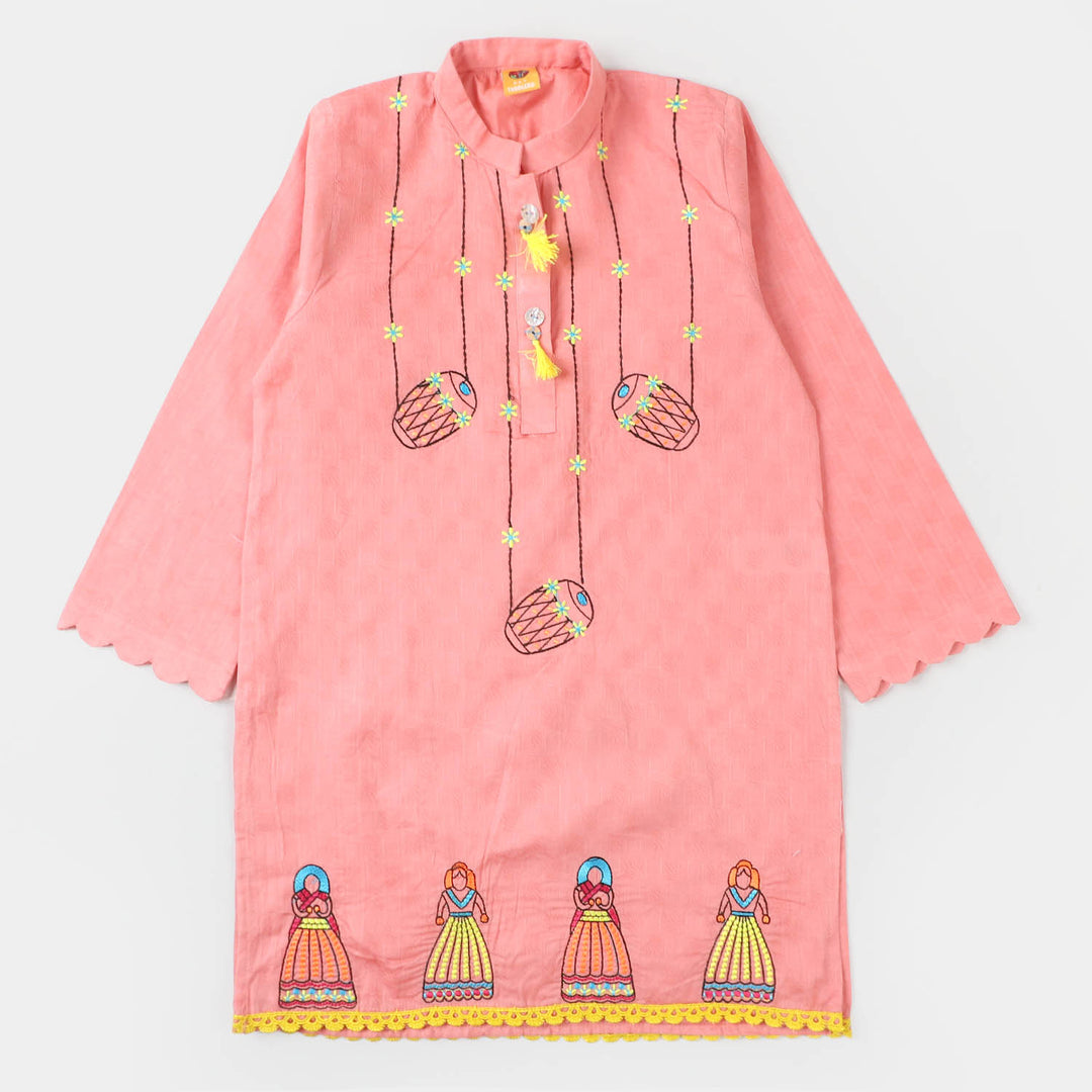 Girls Jacquard Embroidered Kurti Puppets - Peach