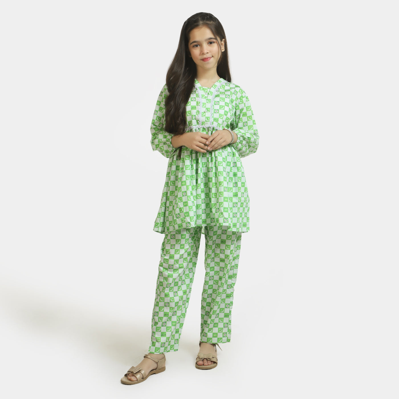 Girls Cotton Independence Co-ord Set Chand Sitara - Green