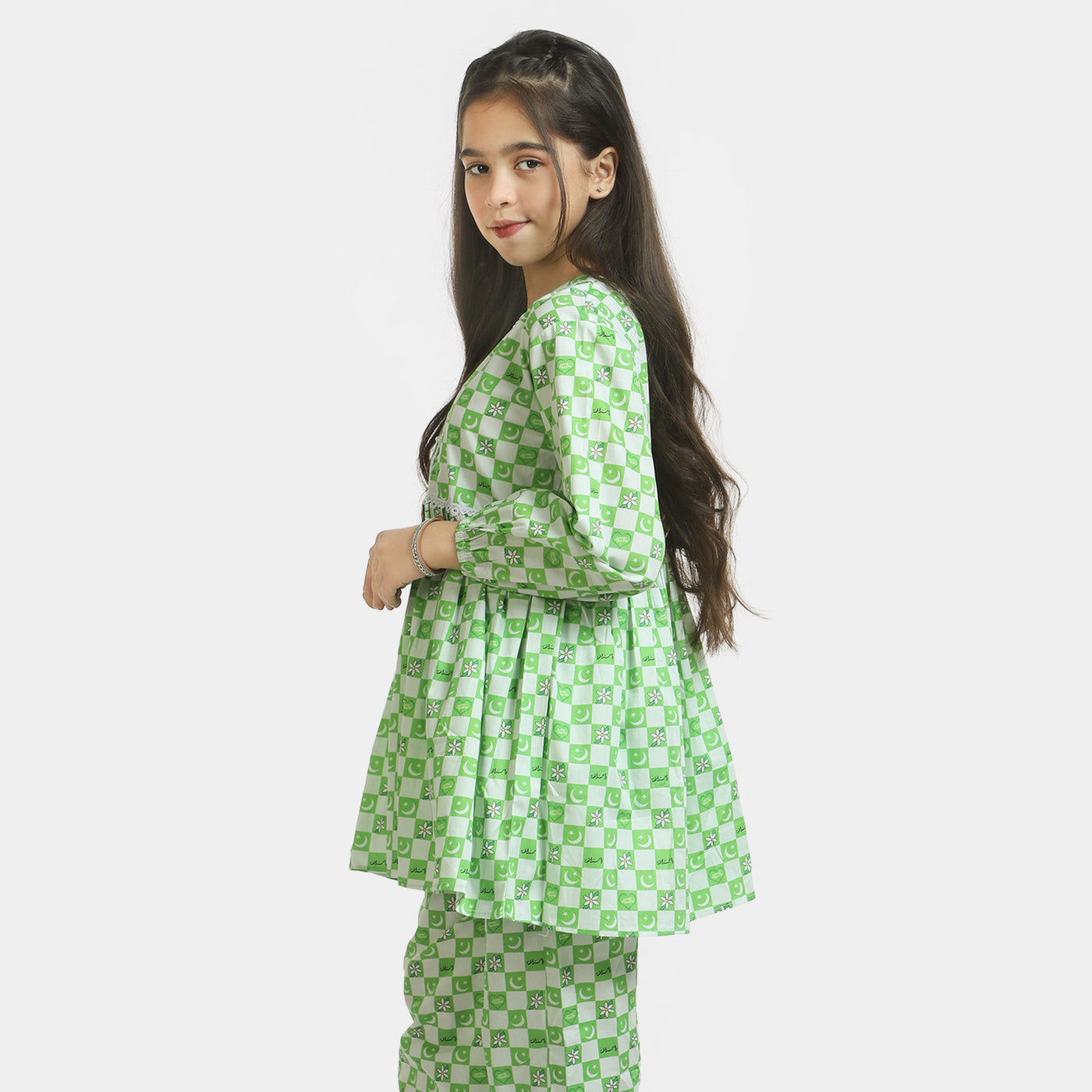 Girls Cotton Independence Co-ord Set Chand Sitara - Green