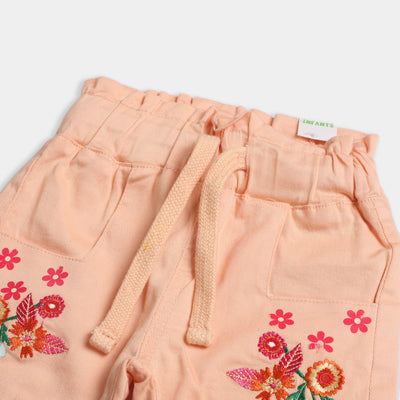 Infant Girls Pant Cotton Pocket Emb-Peach