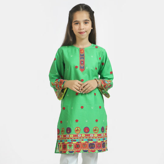 Girls Cotton Independence Kurti Truck Art - Green