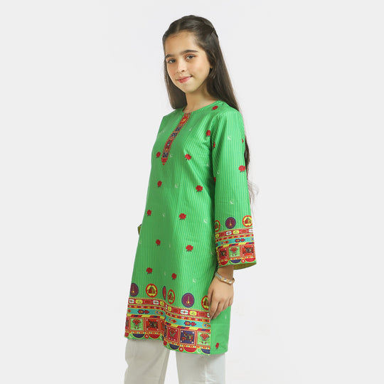 Girls Cotton Independence Kurti Truck Art - Green