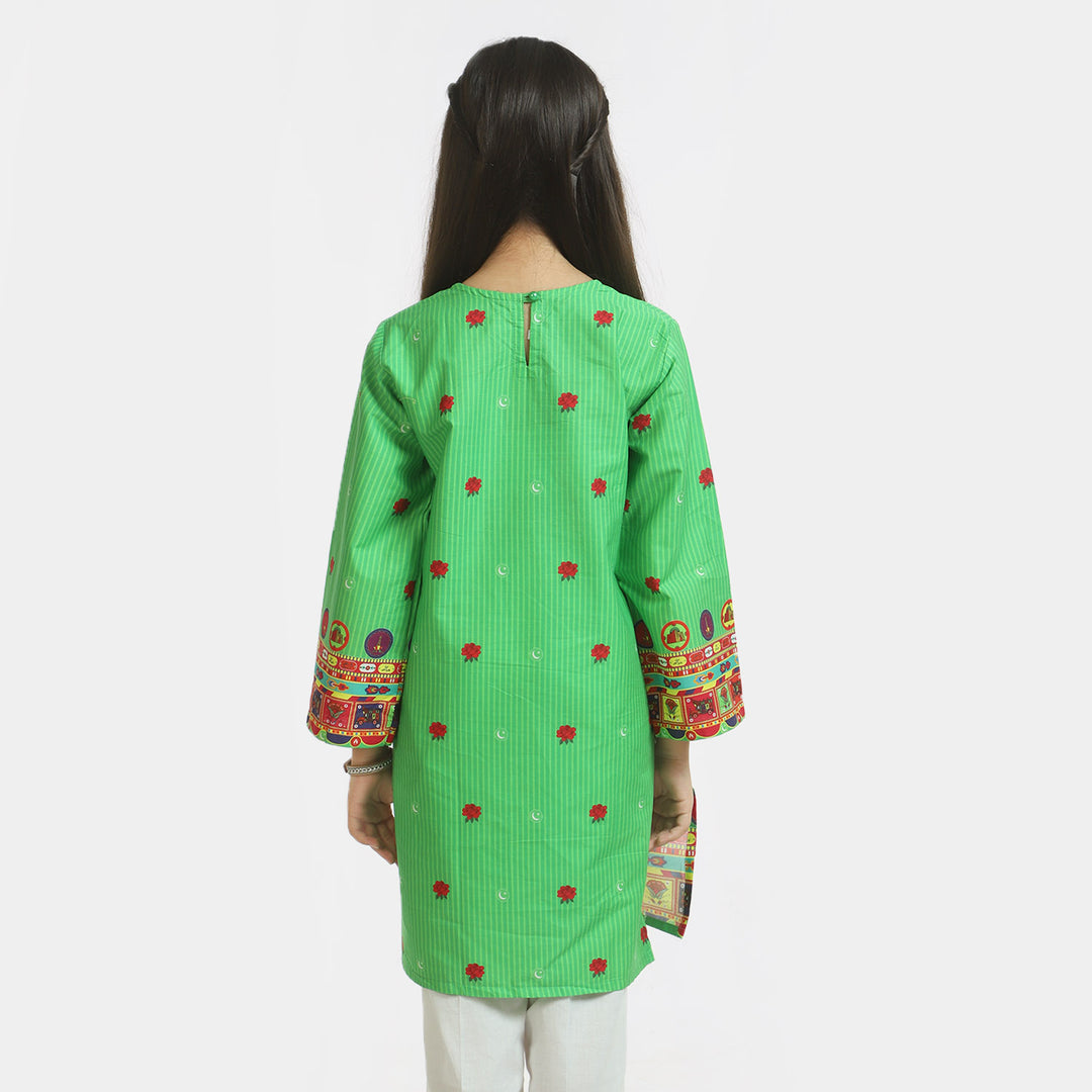 Girls Cotton Independence Kurti Truck Art - Green