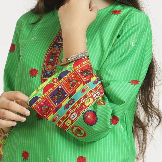 Girls Cotton Independence Kurti Truck Art - Green