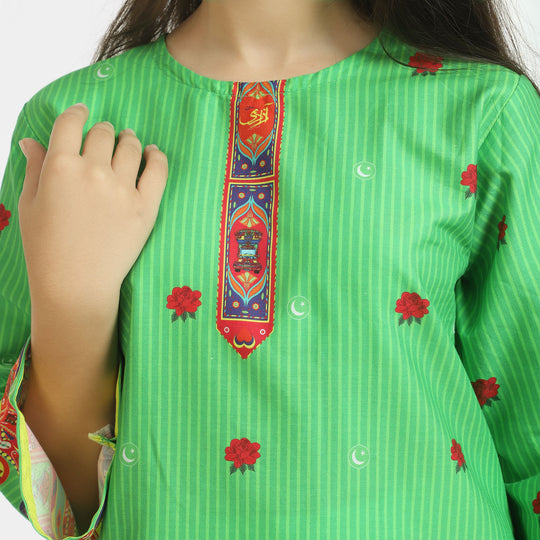 Girls Cotton Independence Kurti Truck Art - Green