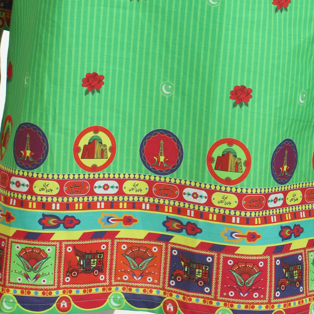 Girls Cotton Independence Kurti Truck Art - Green