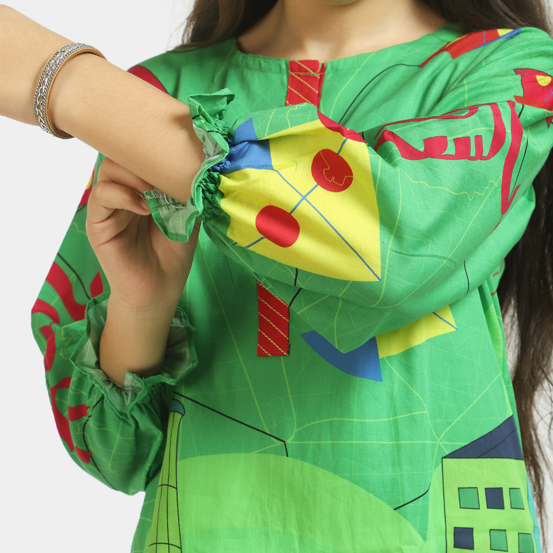 Girls Cotton Independence Kurti Funky Monuments - Green