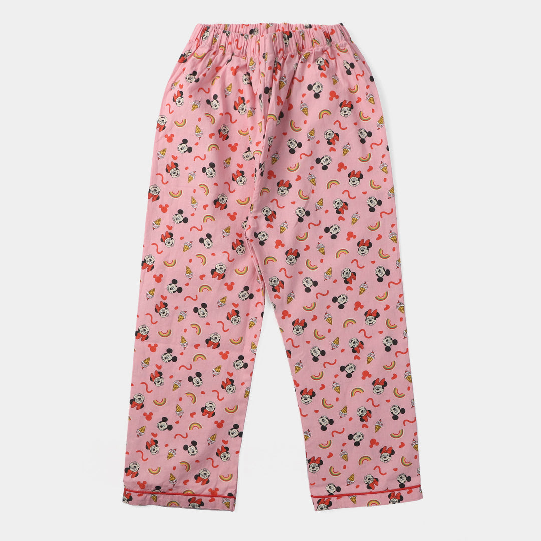 Girls Cotton Woven Night Suit -Pink