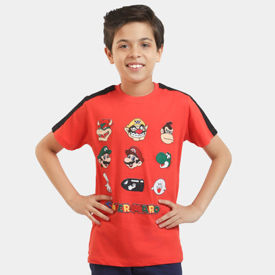 Boys Cotton T-Shirt Super Faces- Poppy Red