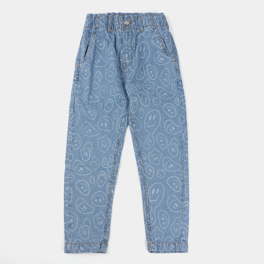 Girls Denim Pant Smiley-Mid Blue