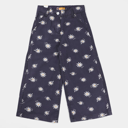 Girls Cotton Pant Printed Flower-NAVY