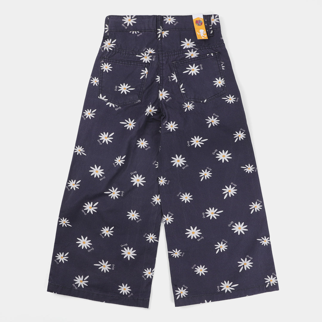 Girls Cotton Pant Printed Flower-NAVY