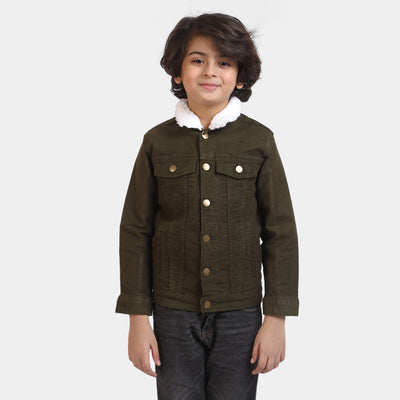 Boys Cotton Jacket Collar Sherpa-Olive Green