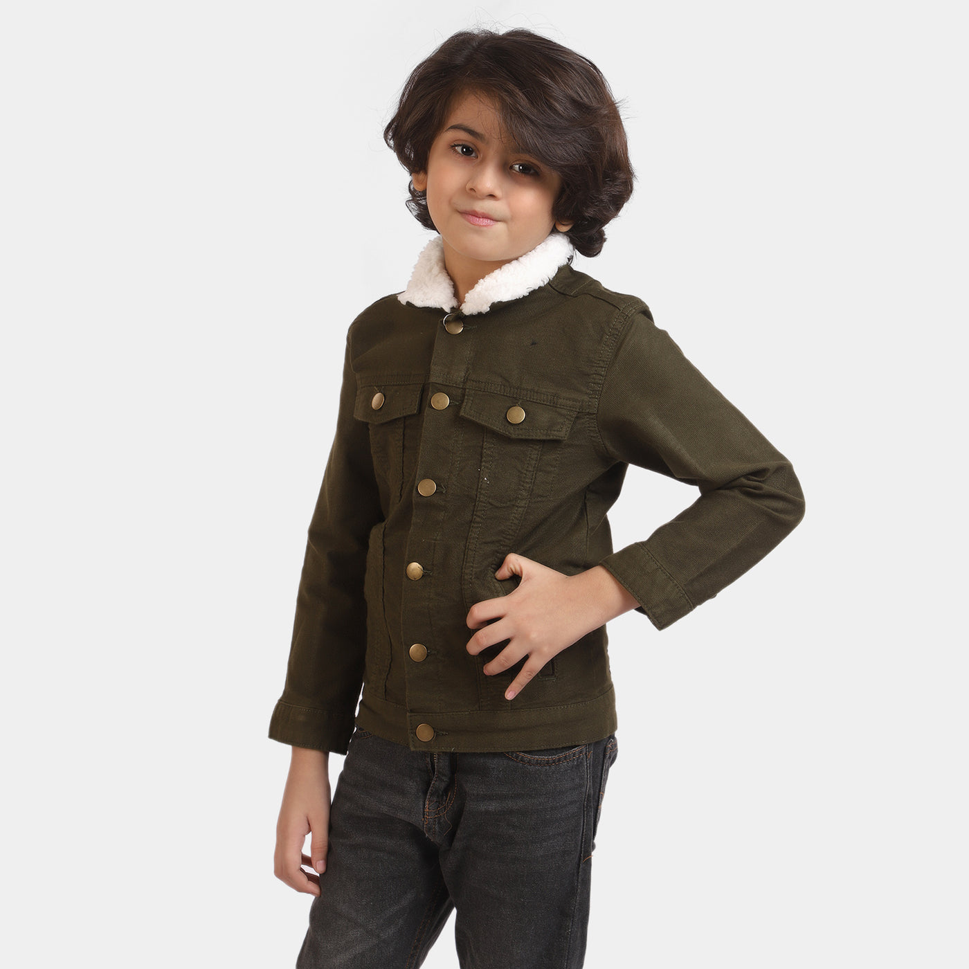 Boys Cotton Jacket Collar Sherpa-Olive Green