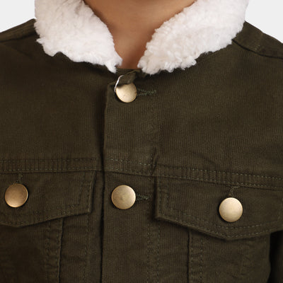 Boys Cotton Jacket Collar Sherpa-Olive Green