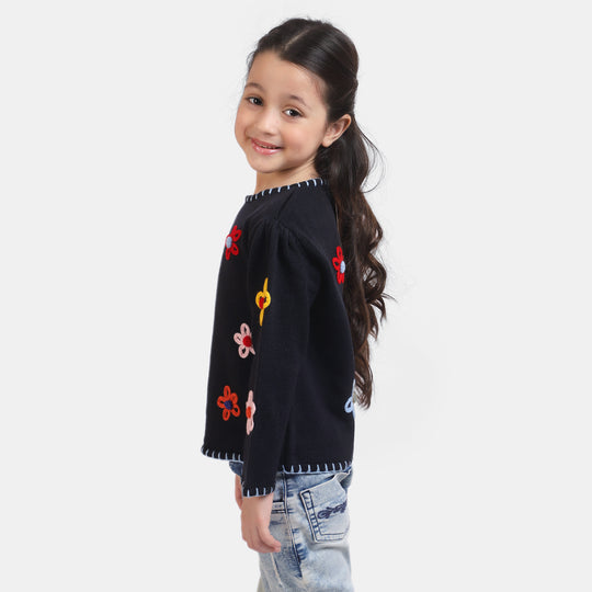 Girls Knitted Flower Sweater -NAVY