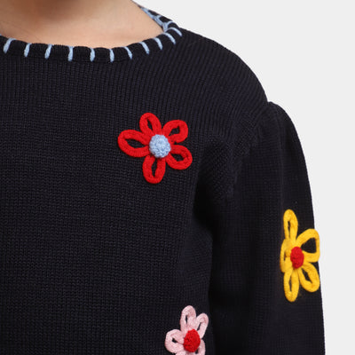 Girls Knitted Flower Sweater -NAVY