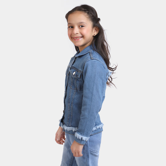 Girls Denim Jacket Fringes-LIGHT BLUE