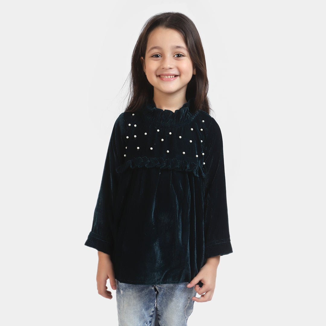 Girls Velvet Top Pearl Charm-Sea Green