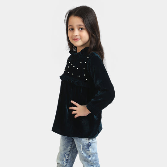 Girls Velvet Top Pearl Charm-Sea Green