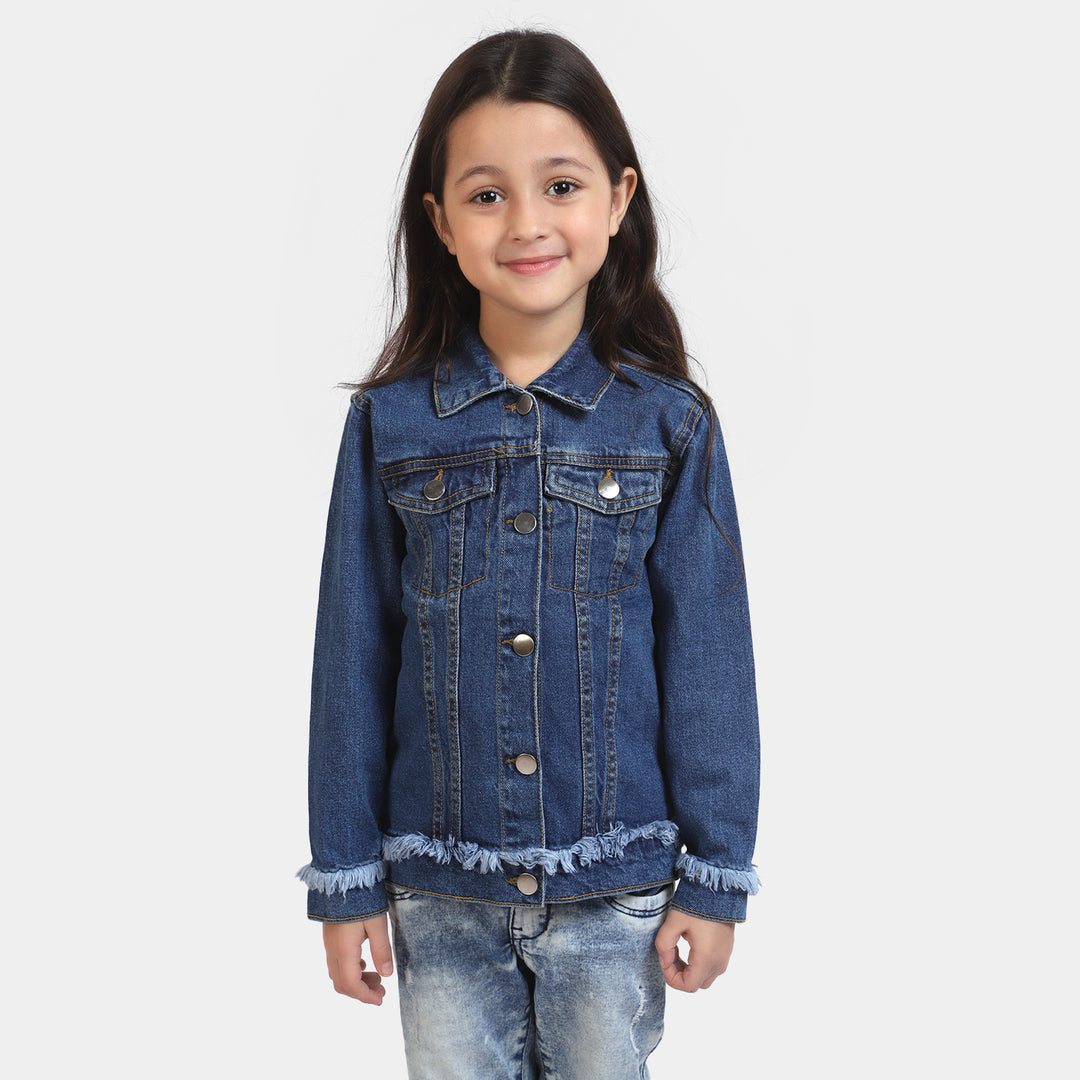 Girls Denim Jacket Fringes-DARK BLUE