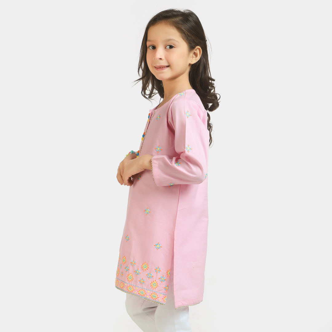 Girls Cotton Embroidered Kurti Pop - Pink