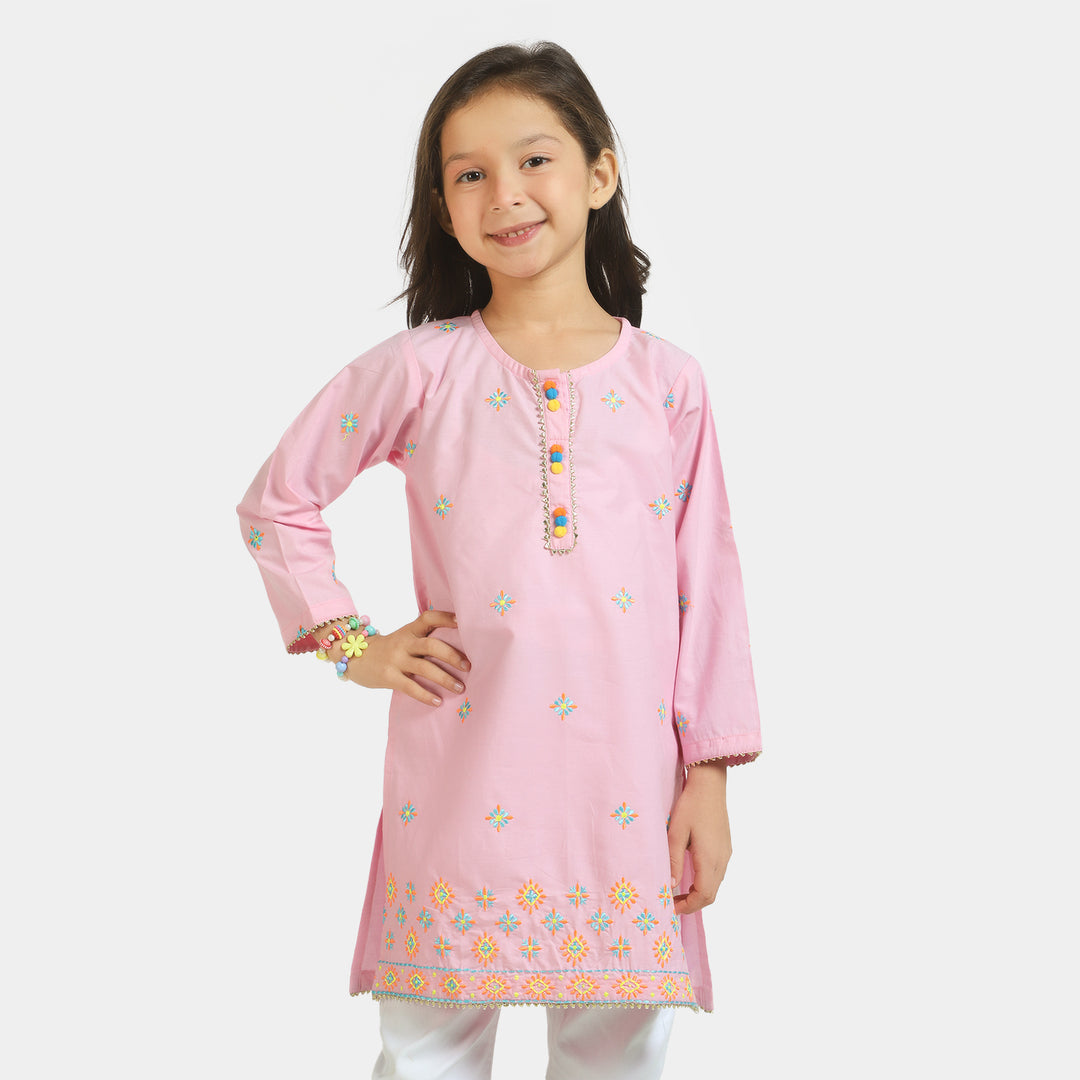 Girls Cotton Embroidered Kurti Pop - Pink