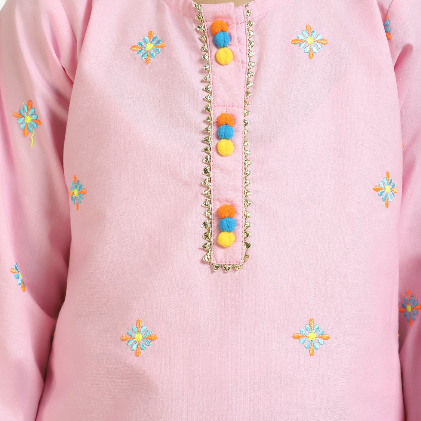 Girls Cotton Embroidered Kurti Pop - Pink