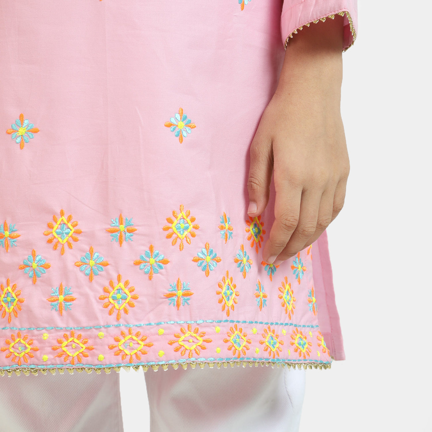 Girls Cotton Embroidered Kurti Pop - Pink