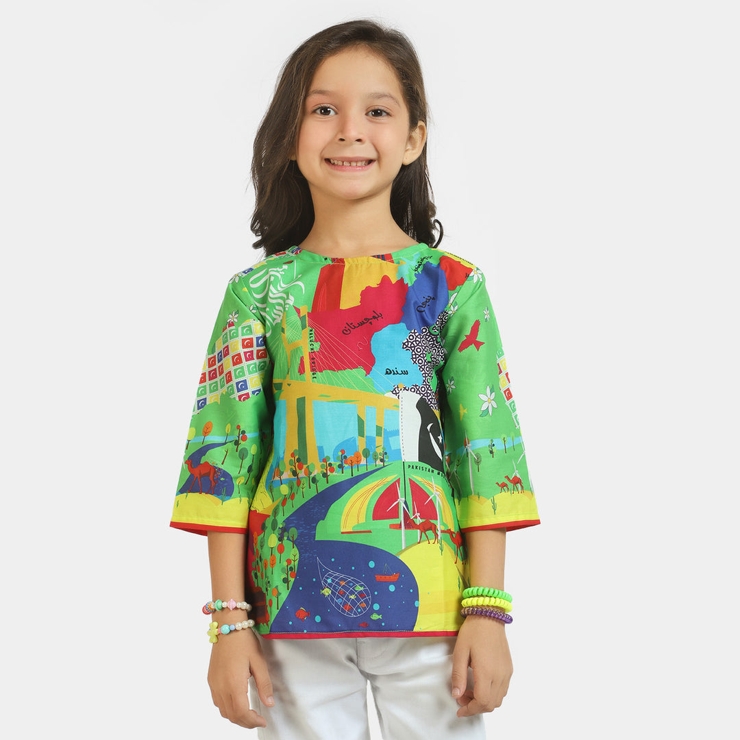 Girls Cotton independence Top Mera Pakistan - Green