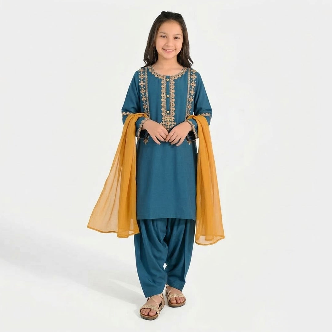 Girls Poly Cambric 3-Piece Suit (Gul) - Teal Blue