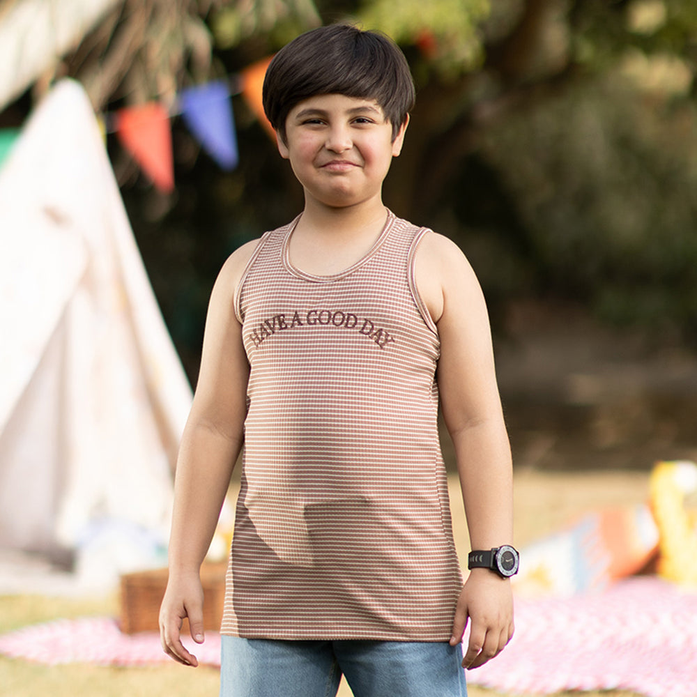 Boys Yarn Dyed Sando (Have A Good Day) - Brown