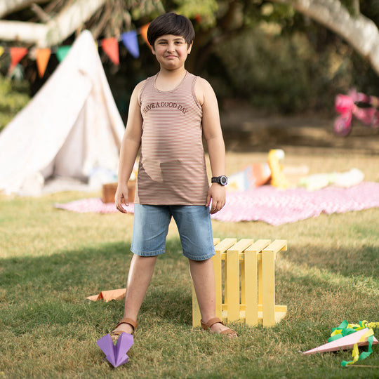 Boys Yarn Dyed Sando (Have A Good Day) - Brown