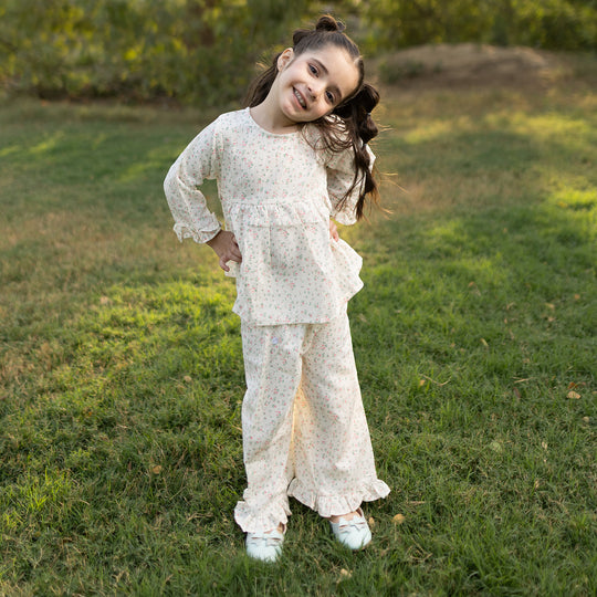 Girls Cotton Co-Ord Set (Midnight Flower) – Off White