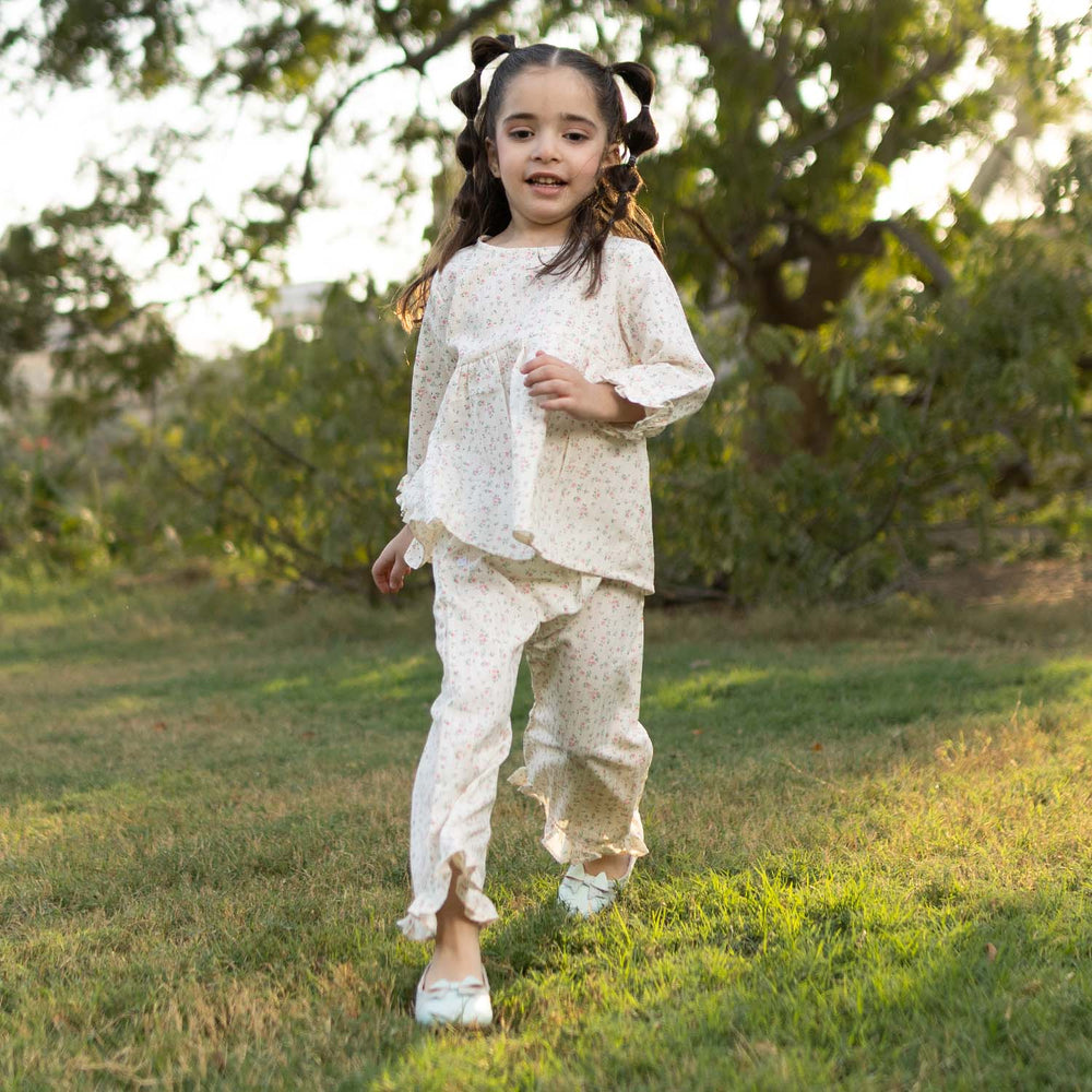 Girls Cotton Co-Ord Set (Midnight Flower) – Off White