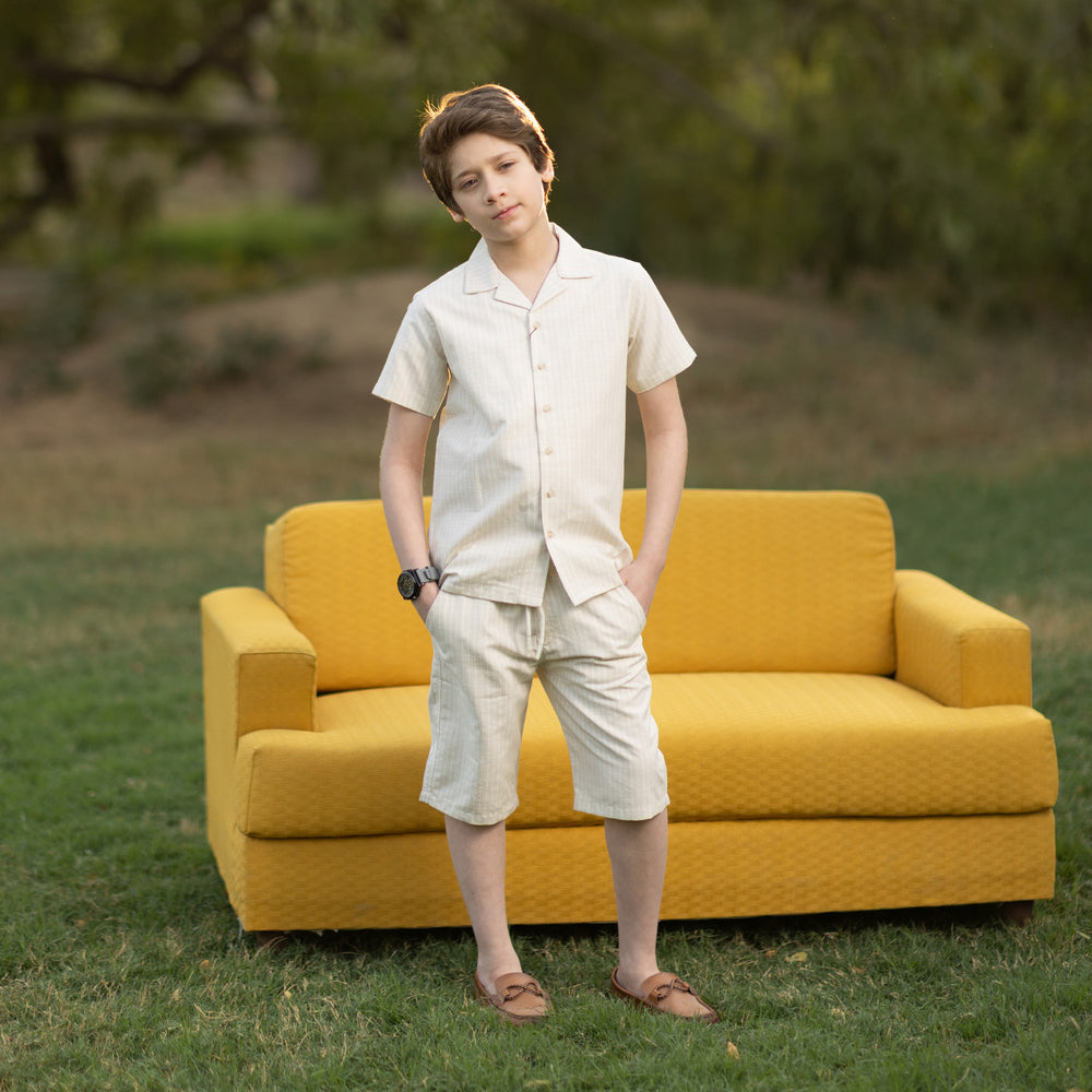 Boys Yarn Dyed Woven Suit – Beige White