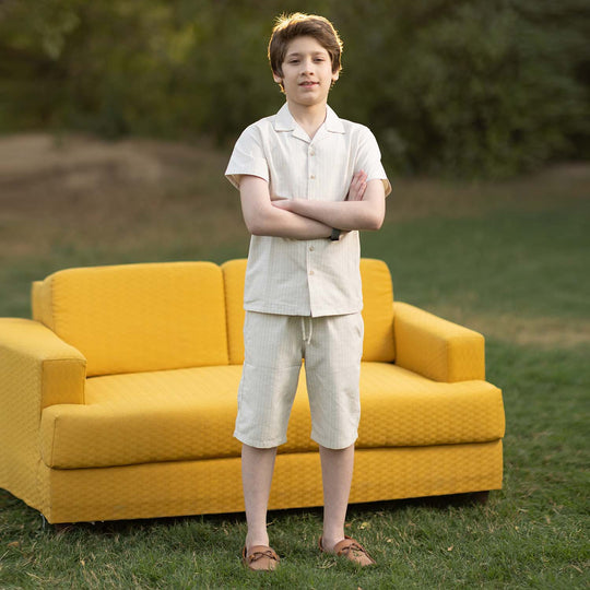 Boys Yarn Dyed Woven Suit – Beige White