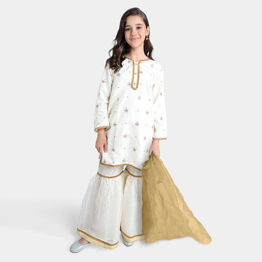 Girls Raw Silk 3Pcs Nikhaar-Ivory