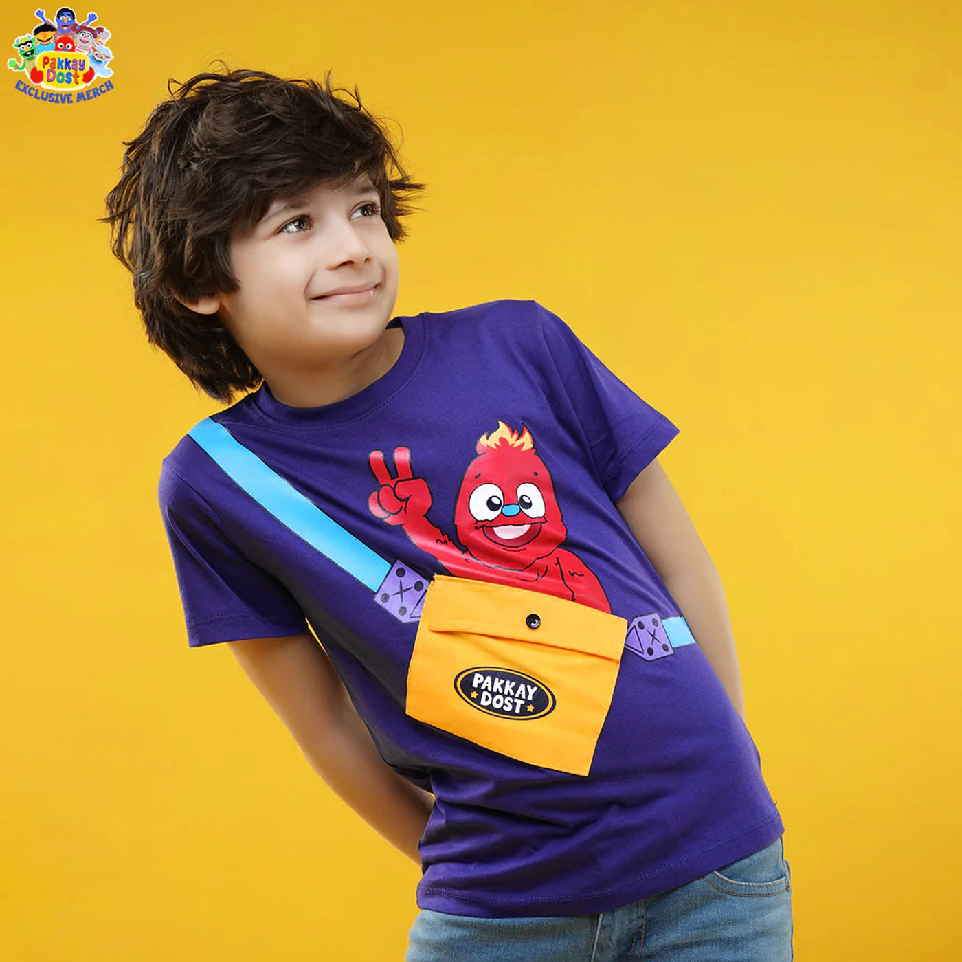 Boys Cotton Jersey T-Shirt Pakkay Dost LaalBaig -Pouch belt-NAVY