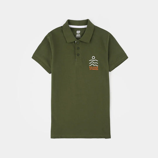 Boys Cotton PK Polo (Waves) - Olive Green